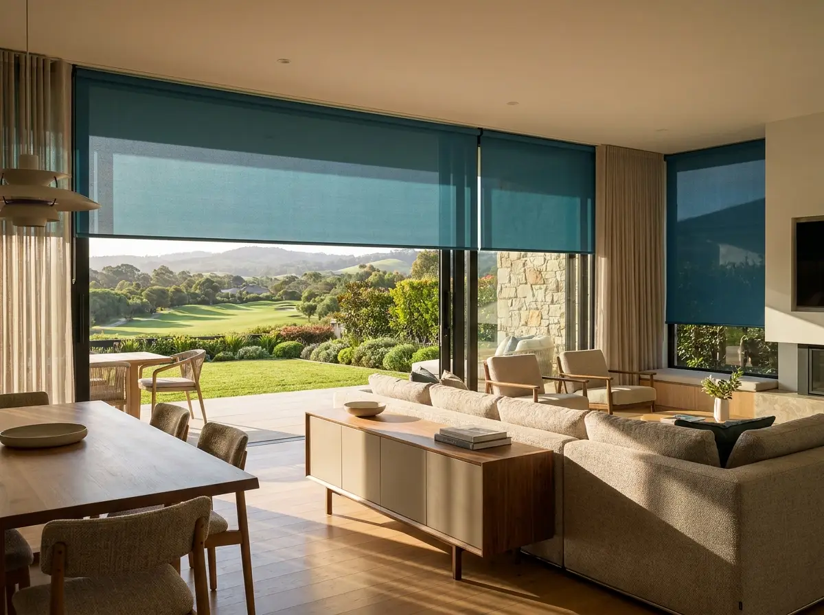Open-plan living room with petrol-blue sunscreen roller blinds across a wide glass door, the golf-estate garden visible through the mesh